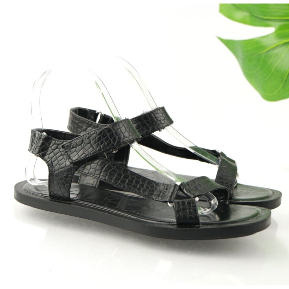 Zara Womens Sandal Size 36 6 Black Croc Strappy Flat Casual Sporty Shoe Vegan - Picture 1 of 11
